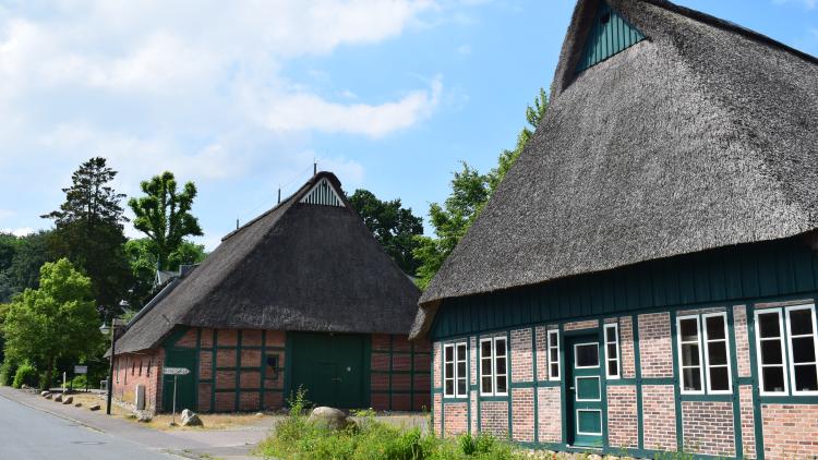 Alte Kate in Oelixdorf, im Hintergrund: Scheune des Landgasthofes Unter den Linden